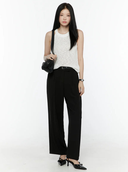 Mid-Rise Tailored Pants IL506 Black full-length front model shot arms at sides styled with white knit tank and black bow slingback mules showing relaxed wide-leg length