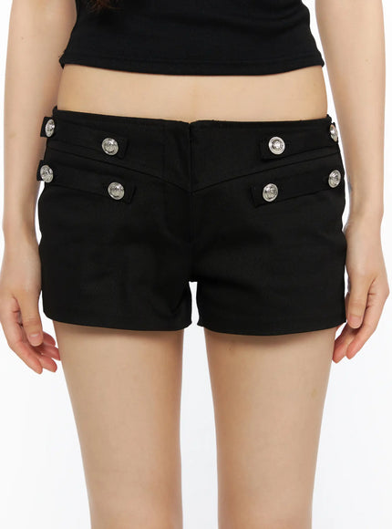 Military-Inspired Shorts CU530 Black close-up front model shot highlighting silver military button details and low-rise waistband