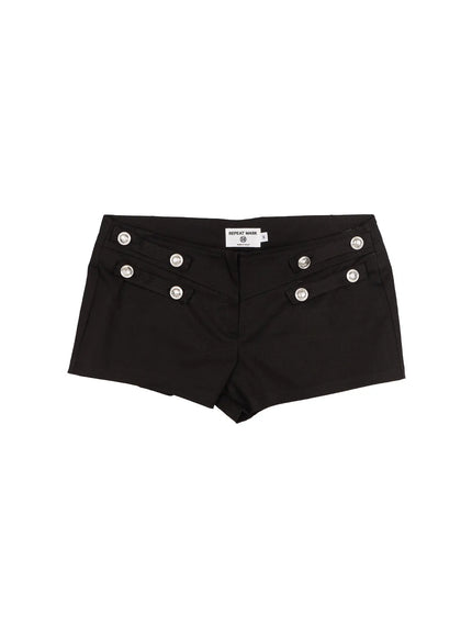 Military-Inspired Shorts CU530 Black flat-lay front shot showing six silver military buttons, V-shaped waistband seam, and brand label