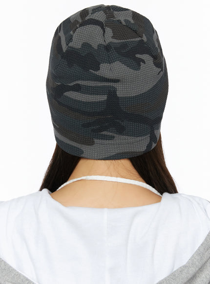 Military Style Beanie IL515 Dark gray back shot on model showing full camo waffle-knit beanie coverage over back of head and nape