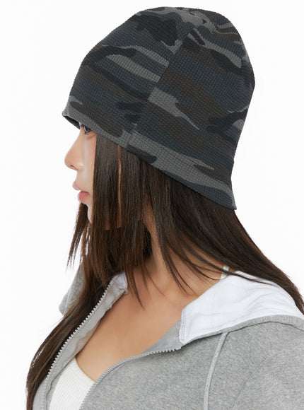 Military Style Beanie IL515 Dark gray side profile shot on model beanie covering ears and forehead waffle-knit camo print slouchy silhouette