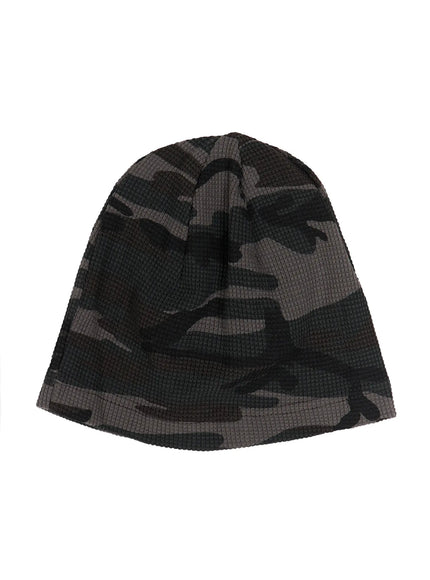 Military Style Beanie IL515 Dark gray flat product shot standalone beanie showing full waffle-knit dark camo pattern slouchy shape and folded brim