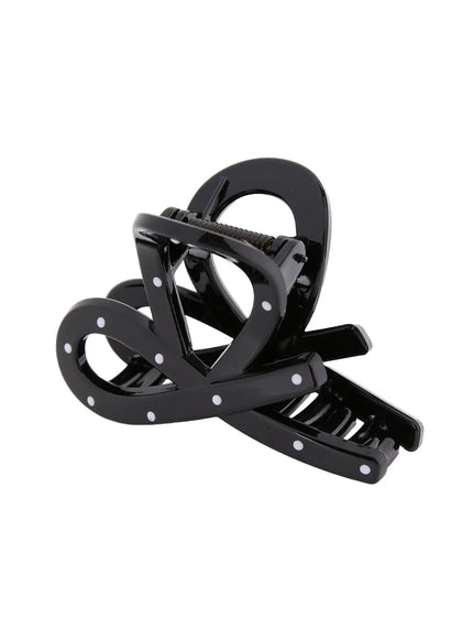 Mini Dot Hair Pin IL514 Black angled view showing open claw position with white dot detail and glossy resin finish on ribbon shape