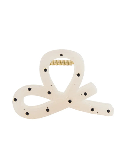 LEWKIN Mini Dot Hair Pin IL514 Ivory front view flat lay showing ribbon knot shape with black polka dots and gold-tone spring hinge