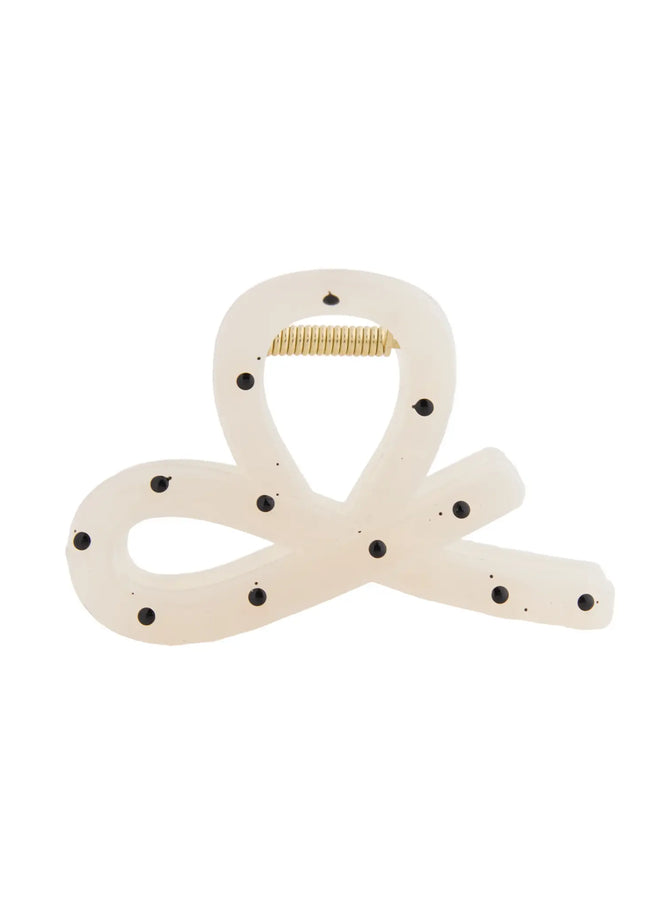 LEWKIN Mini Dot Hair Pin IL514 Ivory front view flat lay showing ribbon knot shape with black polka dots and gold-tone spring hinge