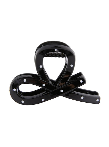 Mini Dot Hair Pin IL514 Black front view flat lay showing glossy ribbon knot silhouette with white polka dots and dark spring hinge