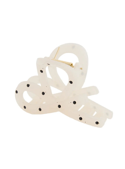 Mini Dot Hair Pin IL514 Ivory angled side view revealing open claw teeth and gold spring mechanism with black dot pattern