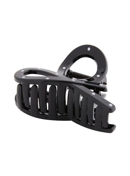 Mini Dot Hair Pin IL514 Black side view displaying claw teeth and coil spring mechanism with white polka dot accents on glossy body