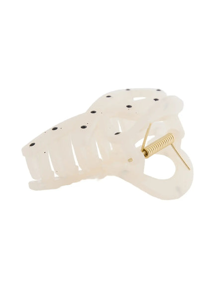 Mini Dot Hair Pin IL514 Ivory close-up detail of claw grip teeth and gold spring from reverse angle showing translucent resin texture