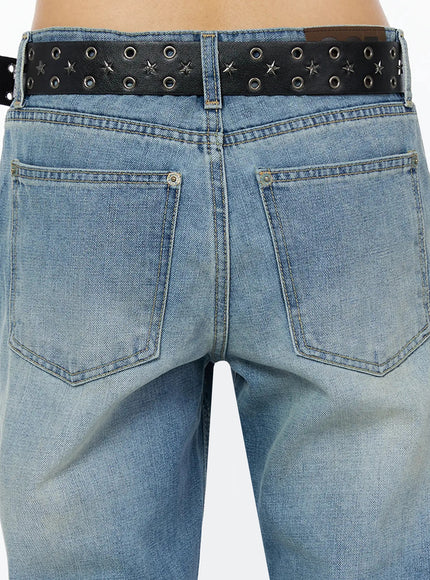 Miri Low Rise Straight Jeans IL509 Blue close-up back detail of dual patch pockets black star grommet belt and washed denim texture