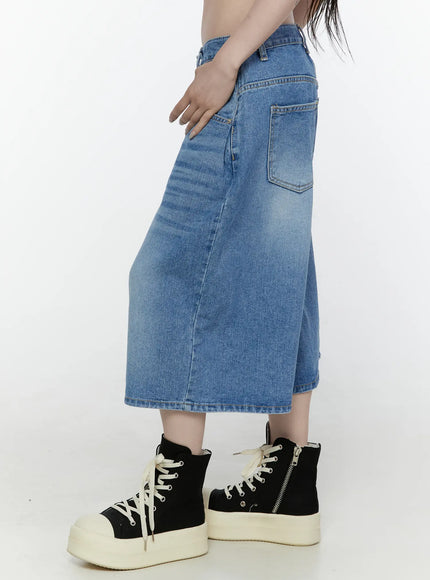 Miu Wide Leg Jeans IL521 Blue side shot on model showing wide-leg denim profile back pocket stitching and faded wash detail paired with platform sneakers