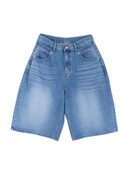 Miu Wide Leg Jeans IL521 Blue flat-lay front view showing wide-leg denim shorts silhouette washed blue fabric button closure front pockets and contrast topstitching
