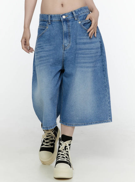 Miu Wide Leg Jeans IL521 Blue front close-up shot on model showing wider leg opening washed denim texture button closure and contrast topstitching on front pockets
