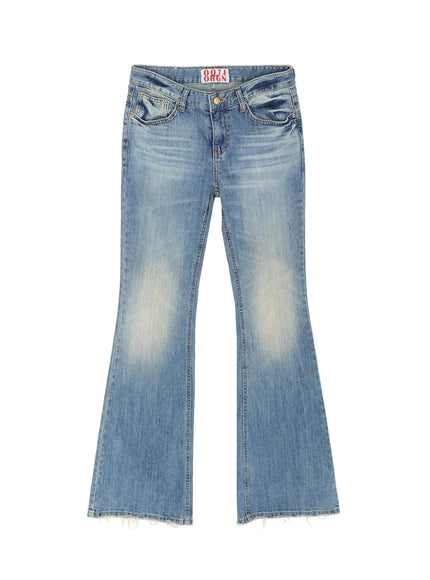 Moira Washed Low-Rise Bootcut Jeans IL502 Blue flat-lay front view, OOTJORGN label at waistband, vintage wash with yellow fading on thighs, raw frayed hem, bootcut silhouette
