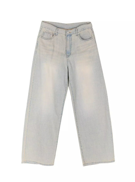 Naia Washed Baggy Jeans IU524 Light blue flat-lay front view showing full silhouette, low-rise waistband, five-pocket construction, and sun-faded wide-leg denim