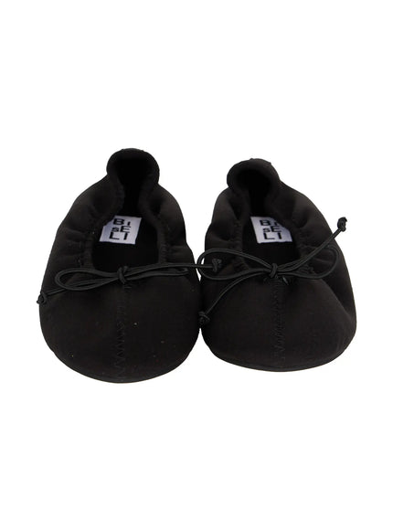 Neon Flats CL510 Black front flat-lay pair shot showing ruched fabric upper, square toe, bow cord detail, and branded label