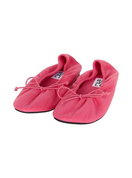 Neon Flats CL510 Pink flat-lay pair shot showing ruched textile upper, square toe, bow detail, and branded interior label