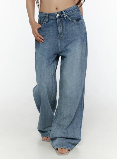 LEWKIN Nixi Wide Leg Jeans CL508 Blue S front close-up on model showing wide-leg silhouette, mid-rise waistband with button closure and faded denim texture
