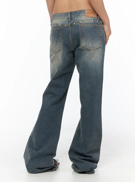 LEWKIN Noel Washed Bootcut Jeans CU524 Blue back view on model size S showing silver studs along waistband and flared leg silhouette