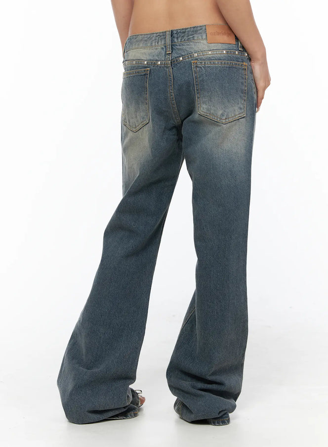 LEWKIN Noel Washed Bootcut Jeans CU524 Blue back view on model size S showing silver studs along waistband and flared leg silhouette