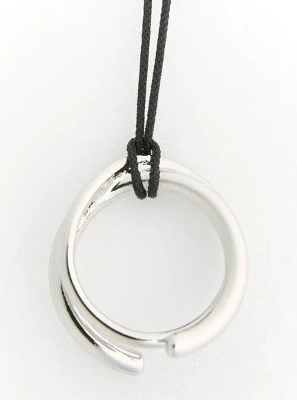 LEWKIN Noir Black Cord Necklace IL522 silver spiral ring pendant close-up detail shot on black adjustable cord, white background