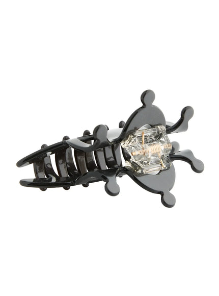 Nova Hair Clip IL503 black overhead angled view revealing transparent gold spring hinge and sculptural crown silhouette