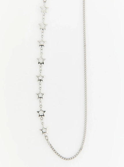 LEWKIN Nova Star Necklace IL517 Silver flat-lay showing full asymmetric design with open star charms on one side and slim curb chain on the other