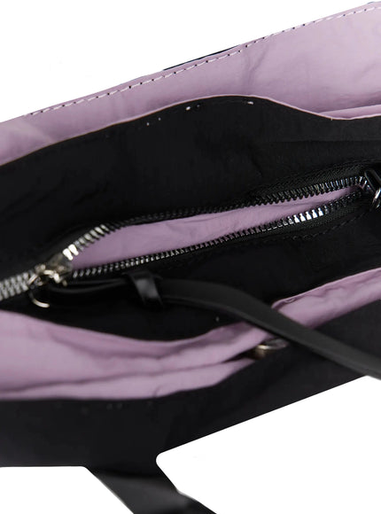 Nylon Shoulder Purse IL516 Light purple interior close-up showing black lining inner zip pocket and silver zipper hardware detail