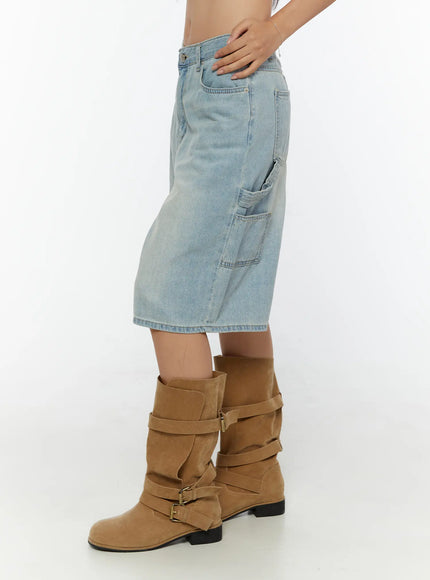 Nyra Low-Rise Jorts CU529 Light blue side shot on model from waist down showing right-side cargo pocket loop detail and washed denim texture