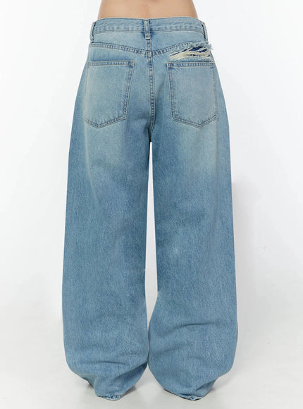 Odette Distressed Semi-Wide Jeans IU524 Blue back view on model showing dual back pockets, faded wash, and torn frayed distressing above right back pocket