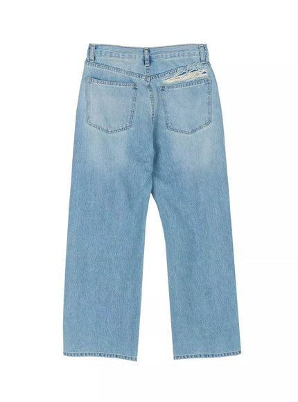 Odette Distressed Semi-Wide Jeans IU524 Blue flat-lay back view showing dual back pockets, faded light blue denim wash and frayed distressing above right pocket