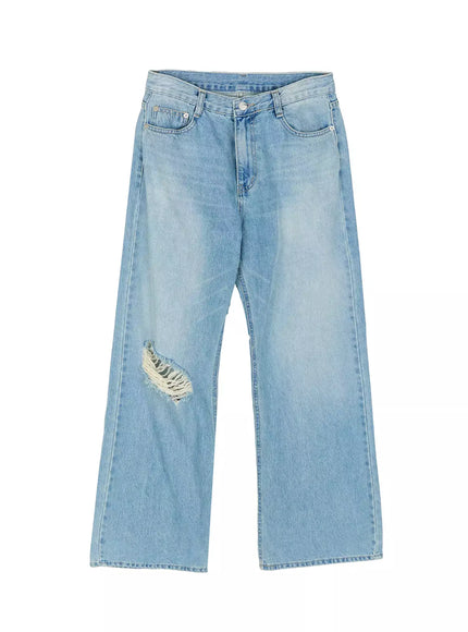 Odette Distressed Semi-Wide Jeans IU524 Blue flat-lay front view showing full wide-leg silhouette, low-rise waistband, silver button and left knee frayed rip