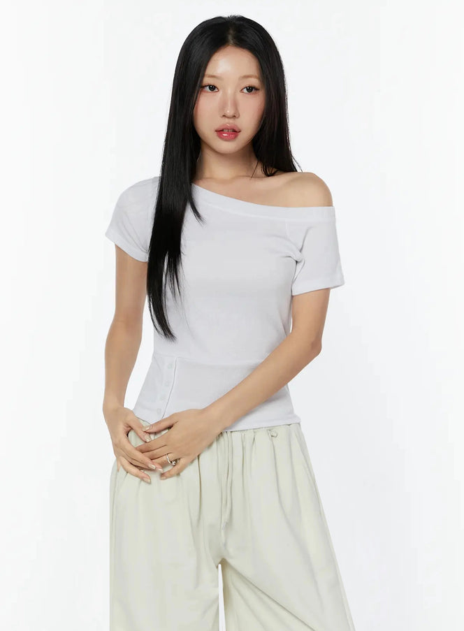 Off-Shoulder Buttoned Slit Tee IU524 White front shot model half-body asymmetric neckline ribbed fitted tee hands clasped
