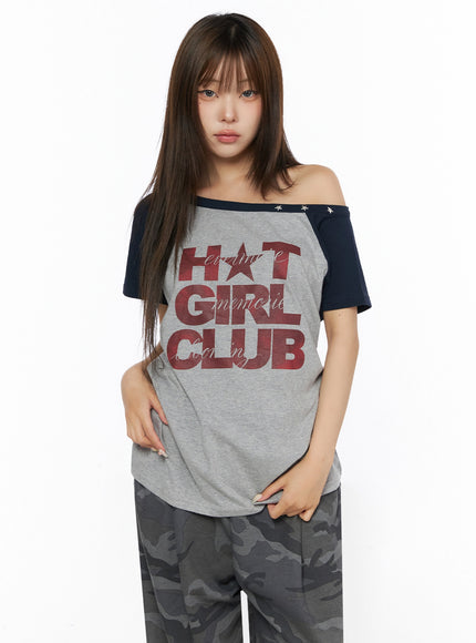 Off-Shoulder Graphic Print Top IL523 in Gray, size S/M