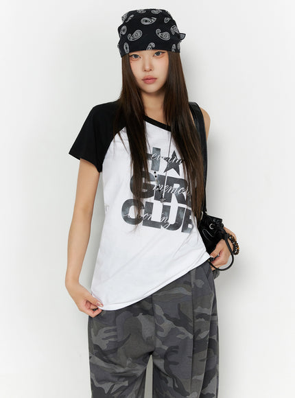 LEWKIN Off-Shoulder Graphic Print Top IL523 White S/M front shot on model wearing paisley bandana hat styled with camo pants and black bag