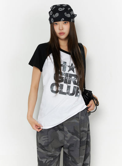 LEWKIN Off-Shoulder Graphic Print Top IL523 White S/M front shot on model wearing paisley bandana hat styled with camo pants and black bag
