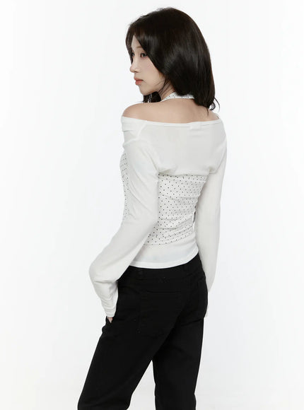 Off-Shoulder Halter Layered Top IL521 White back shot on model showing off-shoulder neckline halter strap polka dot panel ruched waist with black pants