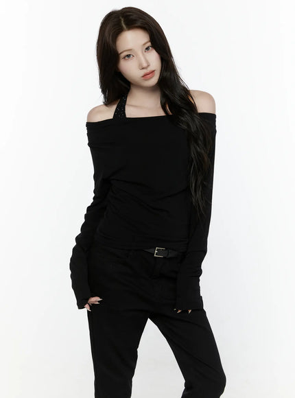 Off-Shoulder Halter Layered Top IL521 in Black, size S/M