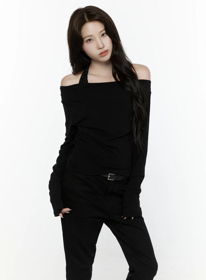 Off-Shoulder Halter Layered Top IL521 in Black, size S/M