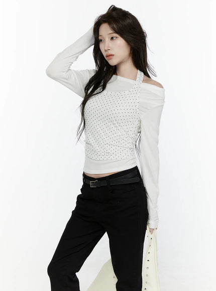 LEWKIN Off-Shoulder Halter Layered Top IL521 White S/M front angled shot on model hand raised polka dot halter overlay off-shoulder long sleeve cropped