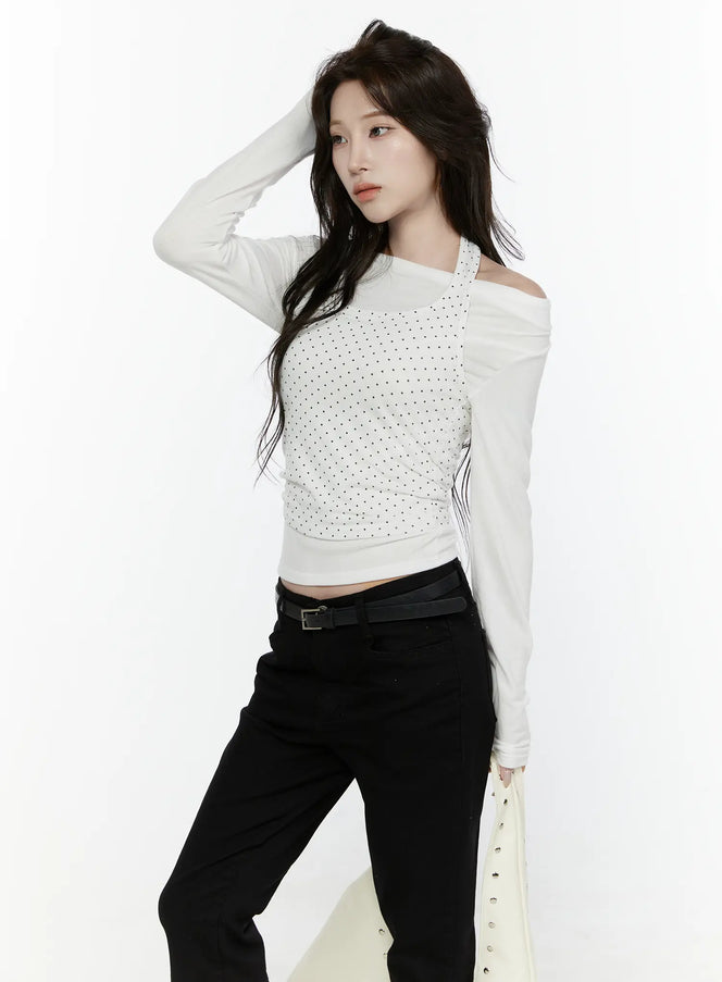 LEWKIN Off-Shoulder Halter Layered Top IL521 White S/M front angled shot on model hand raised polka dot halter overlay off-shoulder long sleeve cropped