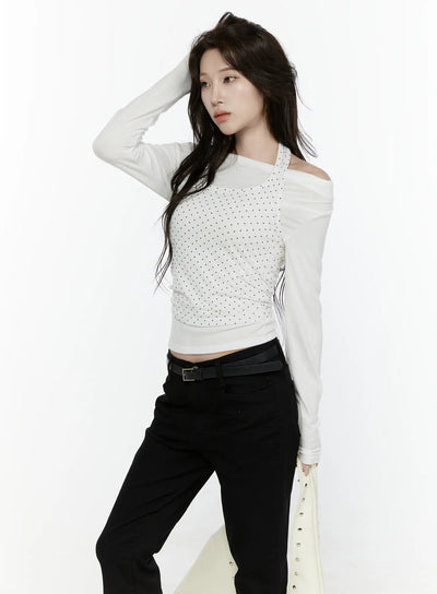 LEWKIN Off-Shoulder Halter Layered Top IL521 White S/M front angled shot on model hand raised polka dot halter overlay off-shoulder long sleeve cropped