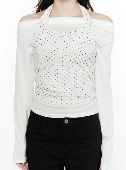 Off-Shoulder Halter Layered Top IL521 White close-up front shot on model showing halter neckline polka dot ruched center panel off-shoulder drape and long sleeves