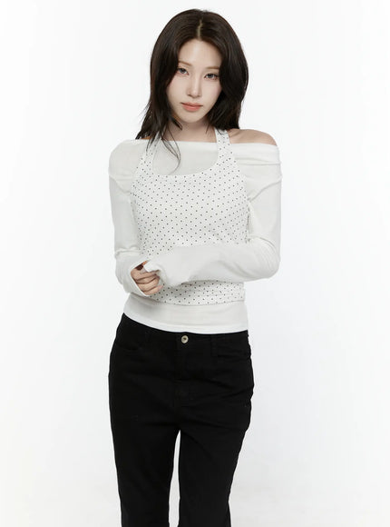 Off-Shoulder Halter Layered Top IL521 White front shot on model arms crossed showing polka dot halter overlay off-shoulder neckline and ruched waistband detail