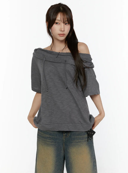 Off-Shoulder Hooded Tee CL508 in Dark gray, size S/M