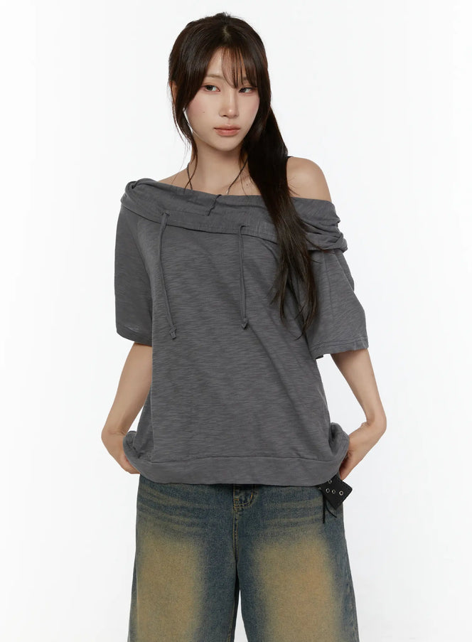 Off-Shoulder Hooded Tee CL508 in Dark gray, size S/M