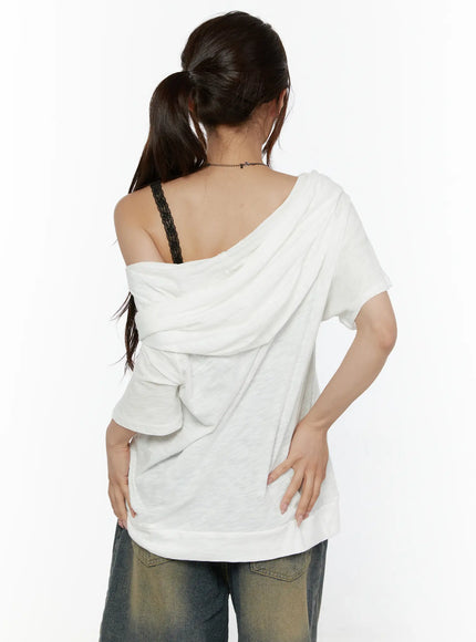 Off-Shoulder Hooded Tee CL508 White back shot on model, hood draped across upper back, exposed shoulder, relaxed hem and slub-knit texture