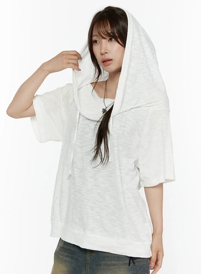 LEWKIN Off-Shoulder Hooded Tee CL508 White close-up shot on model with hood pulled up, drawstring detail, slub-knit texture