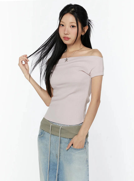Off-Shoulder Ribbed Short Sleeve Top IU524 in Pink, size S/M