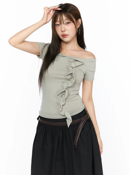 Off-Shoulder Ruffle Tee CL517 in Light beige, size S/M